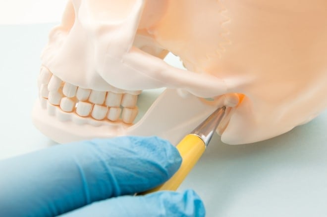 health care provider pointing at the TMJ or jaw joint