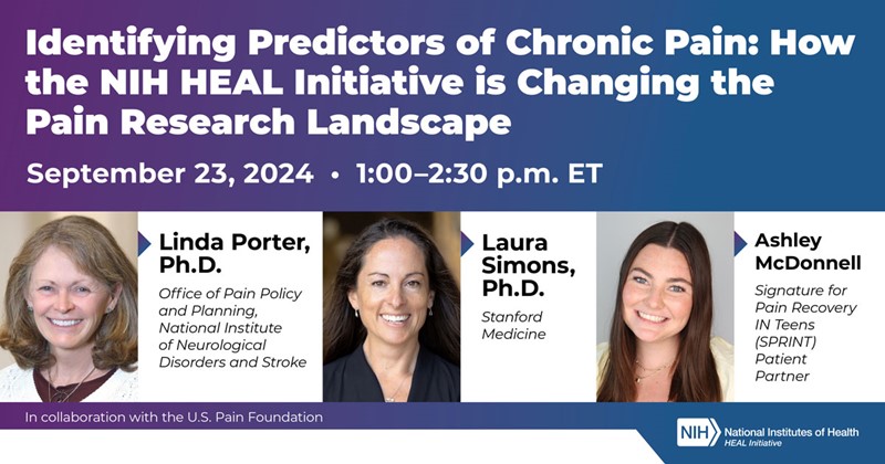 The graphic displays the panelists for the "Identifying Predictors of Chronic Pain" webinar