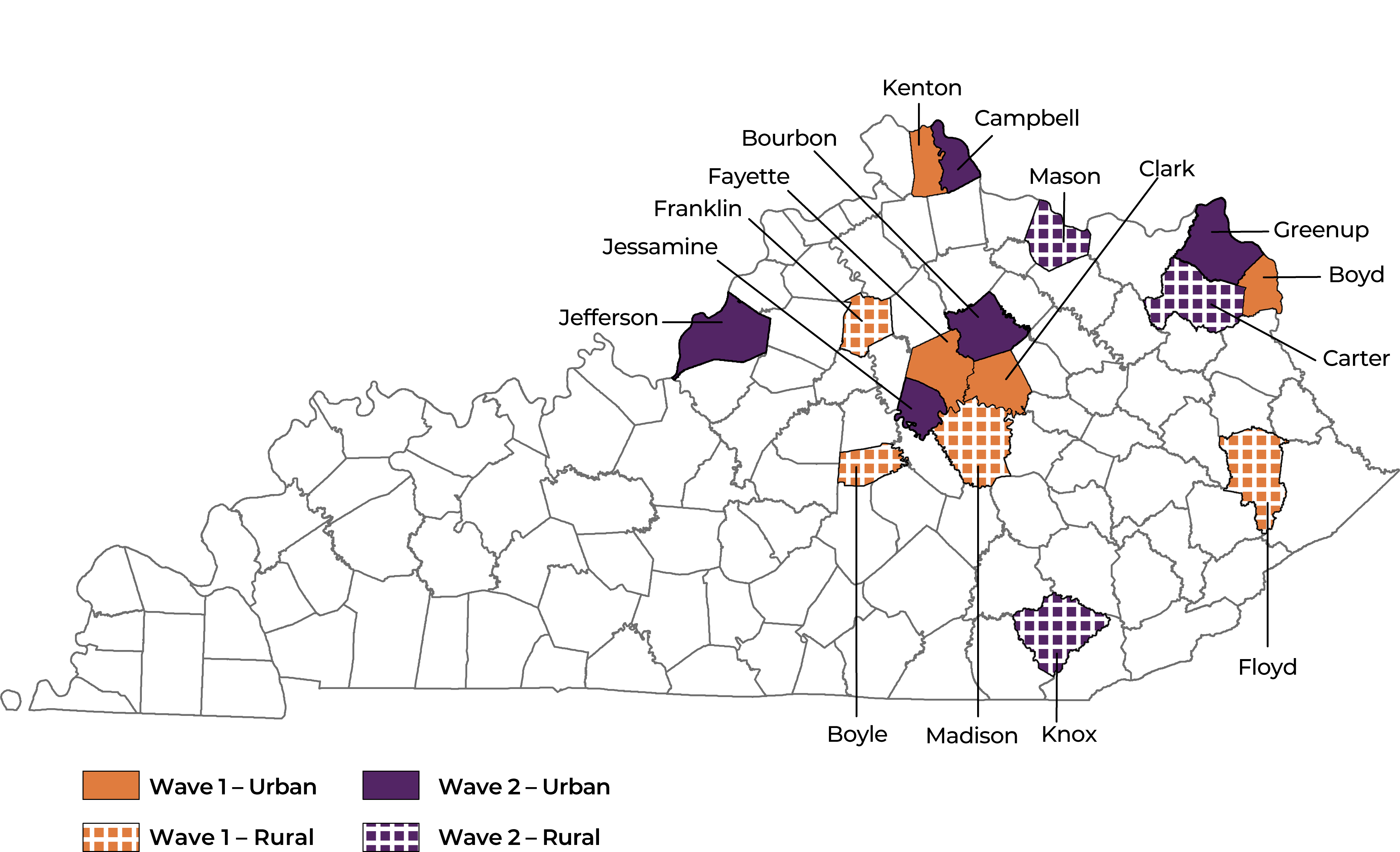 Kentucky map of communities participating in HEALing Communities study.
