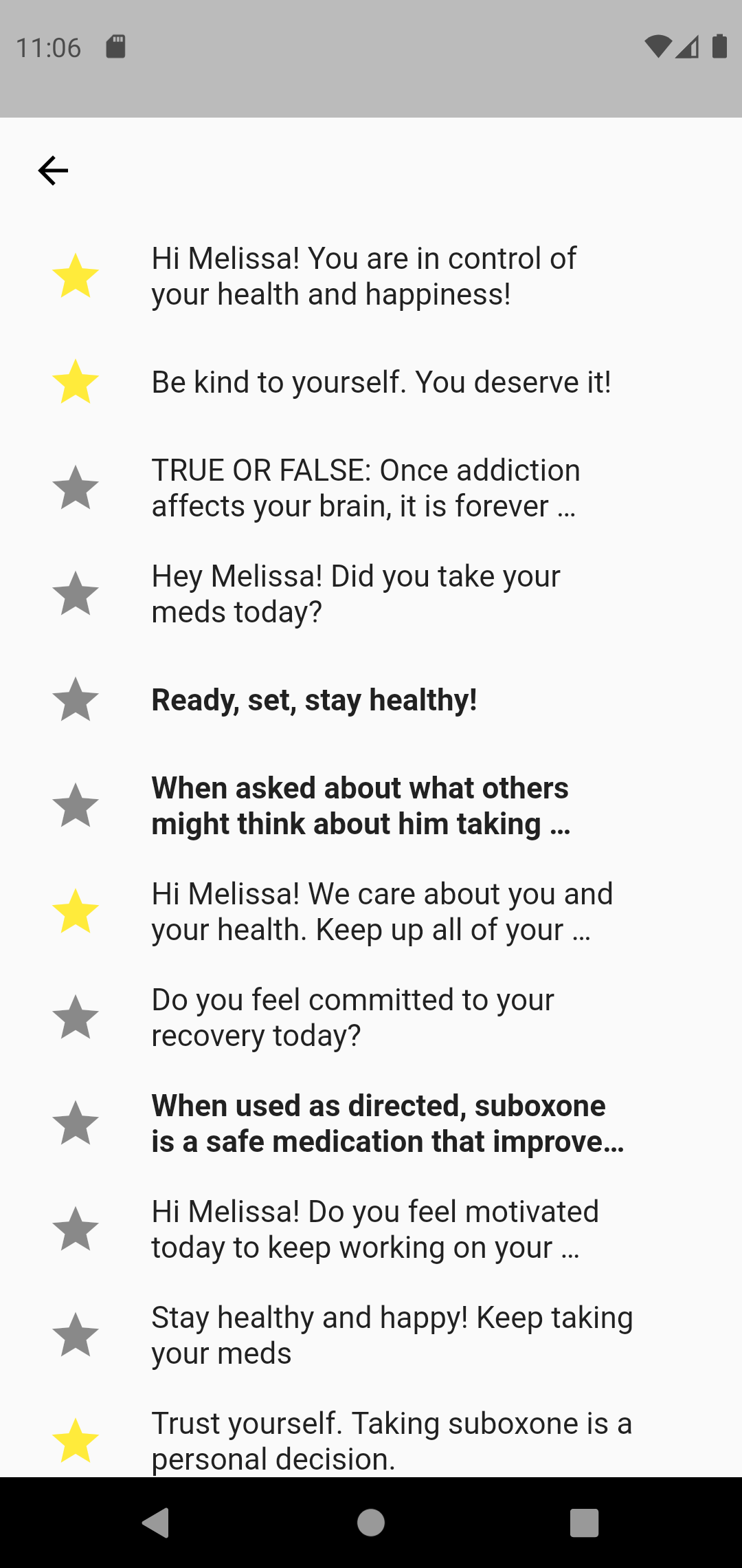 screenshot of a list of encouraging messages in an mHealth app