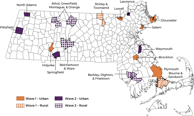 Massachusetts map of communities participating in HEALing Communities study.
