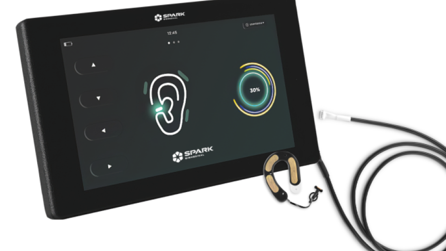 spark medical device with tablet screen showing drawing of each and 30% status